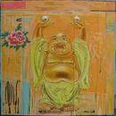 Laughing Buddha, 36" x 36", acrylic, collage on wood cradle